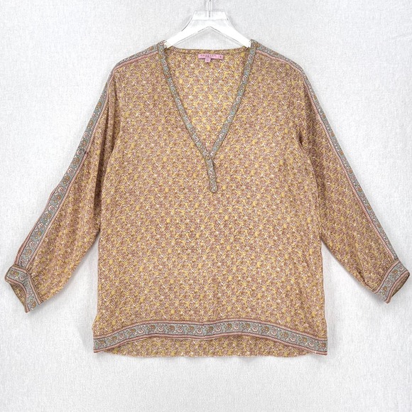 Calypso St. Barth Tops - CALYPSO ST. BARTH Shirt Womens Small Gold Brown Printed Silk Long Sleeve Tunic